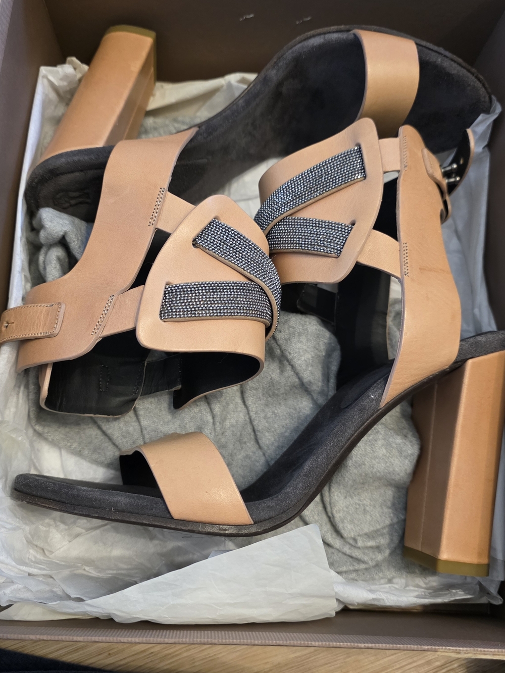 Brunello Cucinelli Blush Leather Block Heel Sandals with Crystal Straps